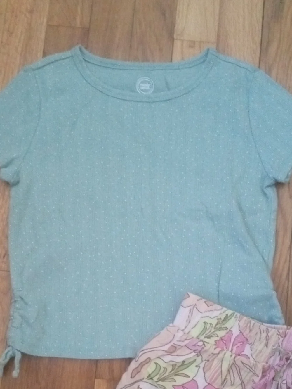 short sleeve sage green tee & Floral Pink Green Shorts Set, girls med